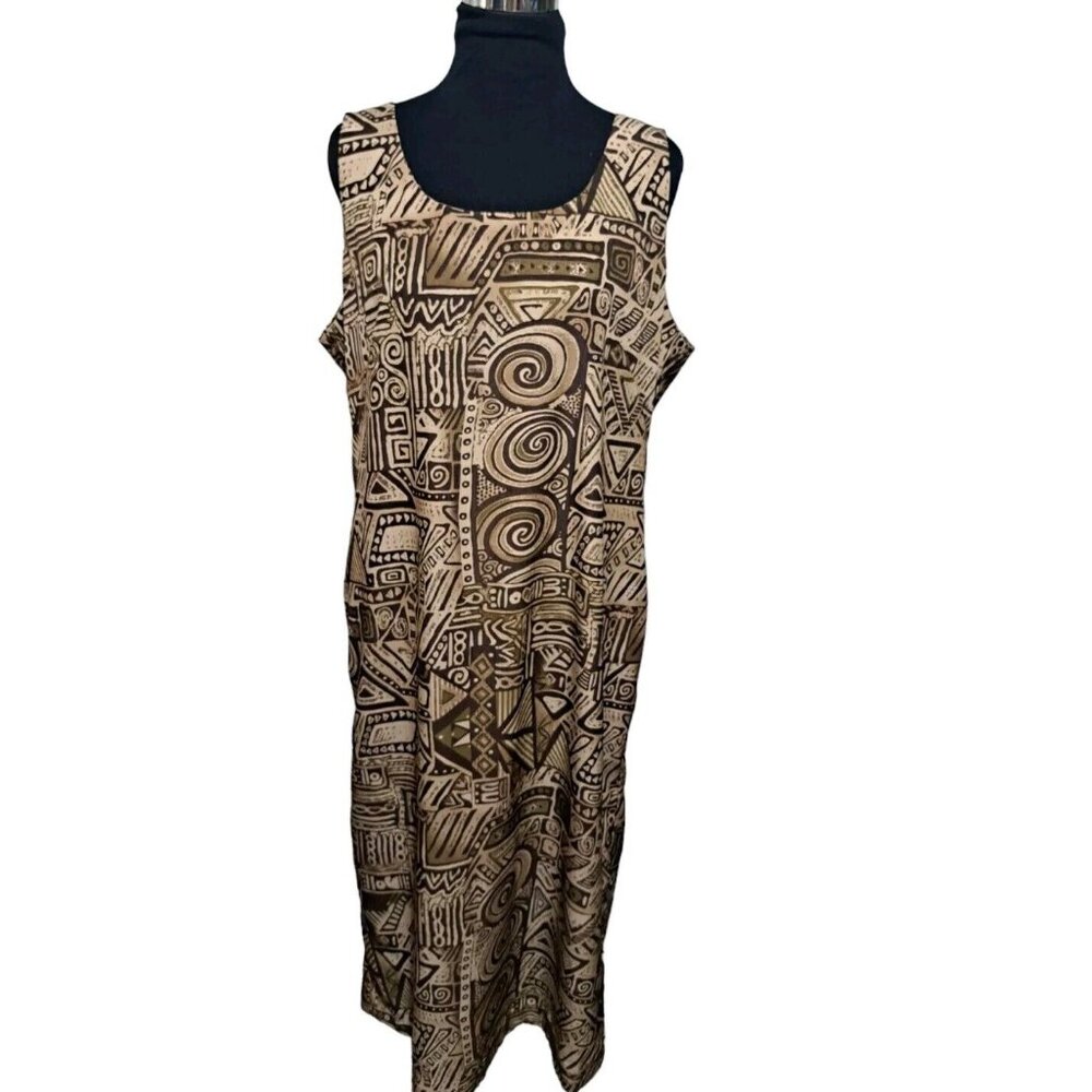 Danny & Nicole Brown Earth Tones Geometric Print Sleeveless Maxi Dress SZ 14